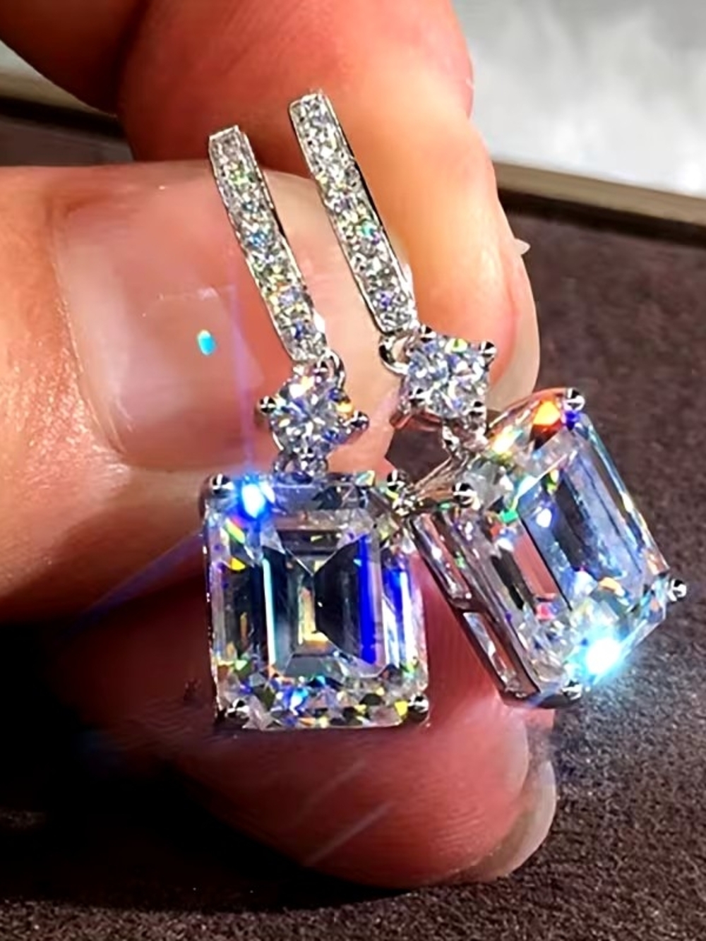 Sparkling Emerald-Cut Clear Crystal CZ Drop Earrings - Women's Jewelry